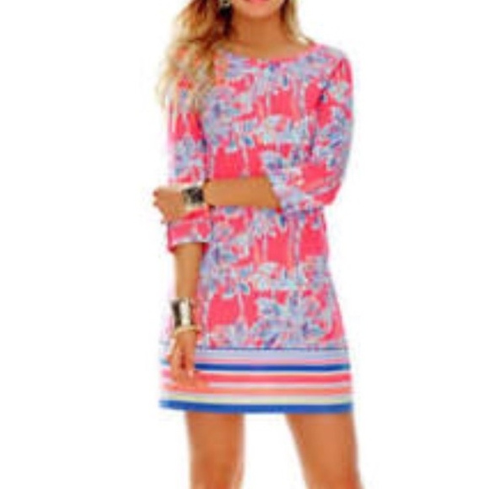 Lilly Pulitzer Nice Stems Linden Dress Pink Tropical Palm Stripe Pima Cotton S